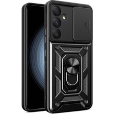 Case World Samsung Galaxy A35 Kapak Lens Sürgülü Kamera Korumalı Yüzüklü Stantlı Tank Kılıf - Siyah