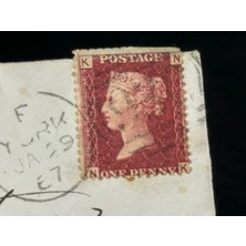 Ephemera Ingiltere Klasik Dönem 1867 Victoria Dönemi Red Penny Pullu Zarf Postadan Geçmiş Plate Number 92 Hatalı Kesim
