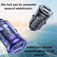 Polham Hc 30W 1x Type-C 1x USB Girişli Araç Çakmaklık Hızlı Şarj Başlığı, Akım, Voltaj, Isı Korumalı