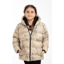 Outriver Kids Kız Çocuk Bej Pusula Desen Içi Polar Su ve Rüzgar Geçirmez Kapüşonlu Cepli Şişme Kışlık Mont