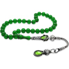 Gümüş Hediye Al 1000 Ayar Gümüş Kazaz Püsküllü Küre Kesim Yeşil Ateş Kehribar Tesbih