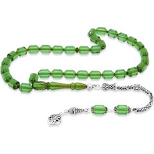 Gümüş Hediye Al 925 Ayar Gümüş Kral Püsküllü Uçlu Kapsül Kesim Su Yeşili Ateş Kehribar Tesbih