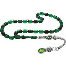 Gümüş Hediye Al 1000 Ayar Gümüş Kazaz Püsküllü Uçlu Kapsül Kesim Yeşil-Siyah Ateş Kehribar Tesbih