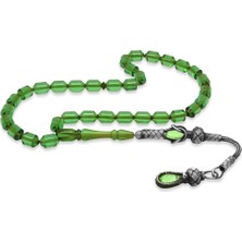 Gümüş Hediye Al 1000 Ayar Gümüş Kazaz Püsküllü Uçlu Kapsül Kesim Su Yeşili Ateş Kehribar Tesbih