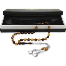 Gümüş Hediye Al Kararmaz Metal Ayyıldız Püsküllü Arpa Kesim Bala-Siyah Ateş Kehribar Tesbih