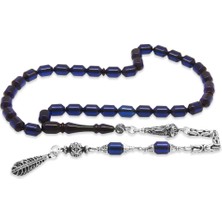 Gümüş Hediye Al Kararmaz Metal Kral Zincir Püsküllü Uçlu Kapsül Kesim Lacivert Sıkma Kehribar Tesbih