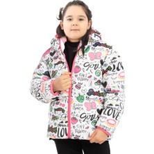 Outriver Kids Kız Çocuk Içi Polarlı Kürklü Kapüşonlu Girls Yazılı Kelebek Desenli Kışlık Şişme Mont