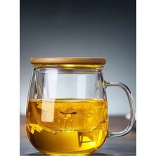 Tekno Trust 0 - 499 ml Borosilikat Cam Süzgeçli Bambu Kapaklı Kupa 350 ml Cam