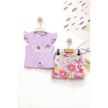 Miniğimin Cicileri Flower Renkli Baskılı Kız Çocuk Şortlu takım - Lila