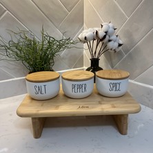 May Home 3'lü (Üçlü) Bambu Kapaklı Ahşap Standlı Çay/kahve/şeker ve 3'lü (Üçlü) Bambu Kapaklı Tuz/biber/baharatlık Takımı