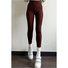 Kahverengi Fitilli Tayt, Toparlayıcı Yüksek Bel Fitilli Çizgili Spor Günlük Kadın Tayt Kahverengi