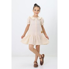 Miniğimin Cicileri Yaka Fırfırlı Müslin Kız Çocuk elbise - Krem