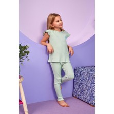 Pikidor 306 Kız Çocuk Mint Kısa Kollu Yuvarlak Yaka Fitilli Pijama Takımı