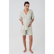 Artış Collection Çizgili Düğmeli Kısa Kollu Esnek Viskon Şortlu Hamile Pijama Takımı 16204