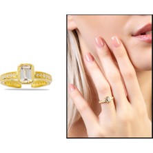 Gümüş Hediye Al Baget Kesim Beyaz Zirkon Taşlı Gold Renk Free Size 925 Ayar Gümüş Kadın Tektaş Yüzük