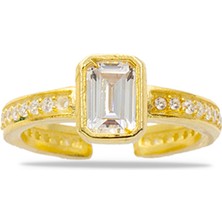 Gümüş Hediye Al Baget Kesim Beyaz Zirkon Taşlı Gold Renk Free Size 925 Ayar Gümüş Kadın Tektaş Yüzük