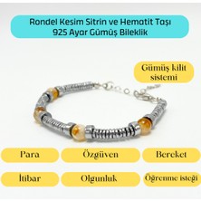 Yıldız Doğal Taş Sertifikalı Rondel Kesim Sitrin ve Hematit  925 Ayar Doğal Taş Gümüş Bileklik 6mm