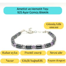 Yıldız Doğal Taş Sertifikalı Ametist ve Hematit  925 Ayar Doğal Taş Gümüş Bileklik 4mm