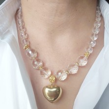 Devi Fashion Doğal Kristal Kuvars Taşlı Çelik Kalp Uçlu Kolye