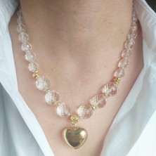 Devi Fashion Doğal Kristal Kuvars Taşlı Çelik Kalp Uçlu Kolye