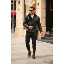 Good Fashion Erkek Siyah Içi Full Kürklü Napa Deri Kuzey Model Mont