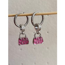 NV Jewellery Çelik Pembe Çanta Pandora's Küpe 2 Adet Charm Özel Tasarım (Çıkarılıp Bilekliğe Takılabilir)