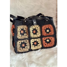 Zuviel Deco El Yapımı Örgü Motif Desenli Astarlı Hasır Çanta Siyah / 35 x 25