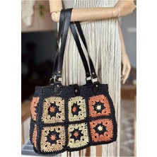 Zuviel Deco El Yapımı Örgü Motif Desenli Astarlı Hasır Çanta Siyah / 35 x 25