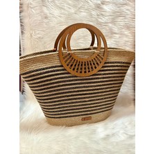 Zuviel Deco El Yapımı Hasır Ahşap Saplı Plaj Çantası Bej / Tek Ebat