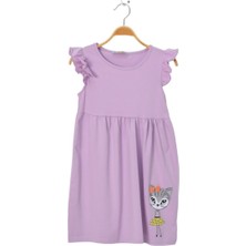 by BebekOdam Kız Çocuk Lila Kolları Fırfırlı Kedi Baskılı Elbise