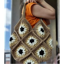 Zuviel Deco 40X45 El Örgüsü Motifli Bohem Hasır Çanta, Plaj Çantası, Günlük Çanta Kahverengi / Standart