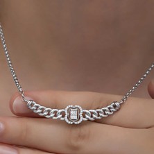 Mevafa 925 Ayar Gümüş Gurmet Zincirli Baget Taşlı Kadın Kolye