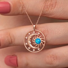 Mevafa Gümüş Rose Opal Mavi Taşlı Ay Güneş Kadın Kolye