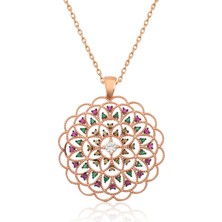 Mevafa Gümüş Rose Geometrik Desenli Madalyon Kolye
