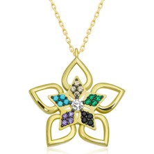 Mevafa ​gümüş Gold Renkli Taşlı Çiçek Kadın Kolye