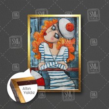 Turuncu Saçlı Denizci Kadın Yağlı Boya Efektli Çerçeveli Dikey Kanvas Tablo