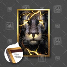 SML Tablo Altın Yıldırım Desenli Aslan Hayvan Şimşek Çerçeveli Dikey Kanvas Tablo