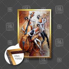 SML Tablo Sürrealizm Müzik Sanatı Yağlı Boya Efektli Çalgıcılar Dekoratif Çerçeveli Dikey Kanvas Tablo