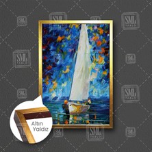 SML Tablo Yelkenli Yağlı Boya Efektli Renkli Manzara Deniz Çerçeveli Dikey Kanvas Tablo
