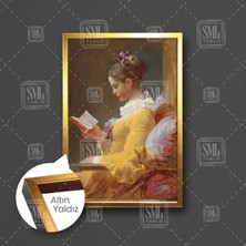 Kitap Okuyan Sarı Elbiseli Kadın Jean Honore Fragonard Çerçeveli Dikey Kanvas Tablo