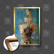 SML Tablo Yağlı Boya Efektli Soyut Yelkenli Gemi Çerçeveli Dikey Kanvas Tablo