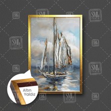 SML Tablo Yağlı Boya Efektli Gemi Yelkenli Deniz Doğa Manzara Çerçeveli Dikey Kanvas Tablo