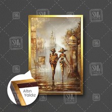 SML Tablo Sokakta Yürüyen Şemsiyeli Çift Bronz Nostalji Aşk Love Dekor Çerçeveli Dikey Kanvas Tablo