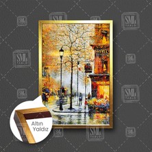 SML Tablo Sokak Lambaları Altında Yürüyen Insanlar Doğa Manzara Yağlı Boya Efektli Şehir Street Çerçeveli Dikey Kanvas Tablo