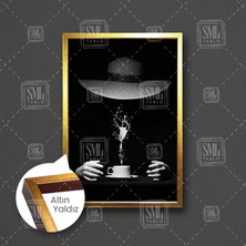 SML Tablo Kahve Içen Sarı Şapkalı Görünmeyen Gölge Adam Insan Dekor Çerçeveli Dikey Kanvas Tablo