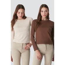 C&city Bisiklet Yaka Uzun Kol 2'li Basic T-Shirt 955 Bej/Kahverengi