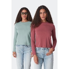 C&city Bisiklet Yaka Uzun Kol 2'li Basic T-Shirt 955 Çağla/Gül Kurusu