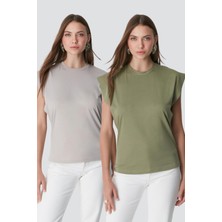 C&city Bisiklet Yaka Kısa Kol 2'li Basic T-Shirt 958 Haki/Gri