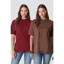 C&city Bisiklet Yaka Kısa Kol 2'li Casual Basic T-Shirt 961 Kahverengi/Bordo