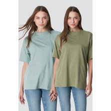 C&city Bisiklet Yaka Kısa Kol 2'li Casual Basic T-Shirt 961 Haki/Çağla